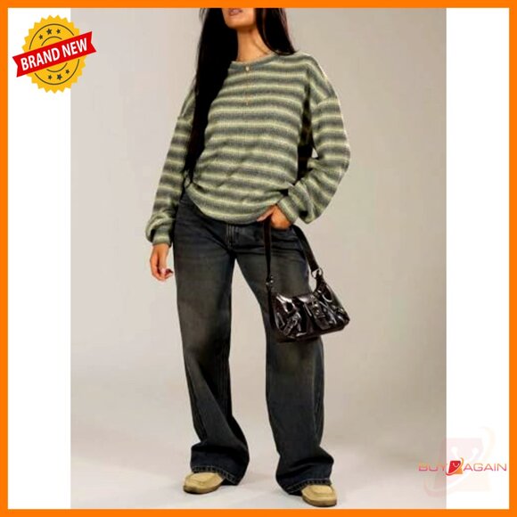 Striped Waffle Knit Pullover Sweater Long Sleeve Casual Lightweight Fall Top - Picture 5 of 5